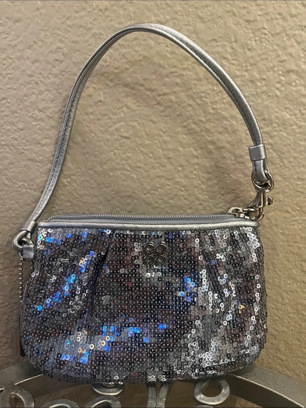 Coach Silver Sequin Wristlet Bag